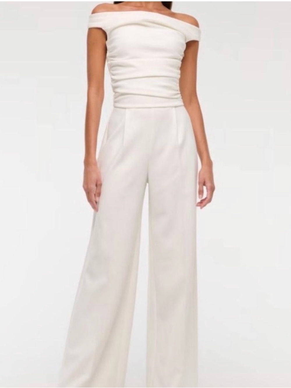 Abercrombie and Fitch Bridal Off-Shoulder Wide-Leg Jumpsuit in Ivory